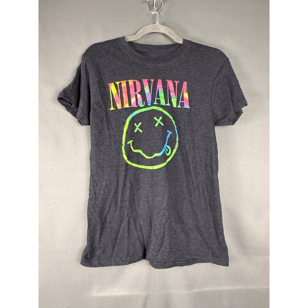 Nirvana Graphic Tee Women Small Gray Neon Tie Dye Smiley Face Short Sleeve Shirt